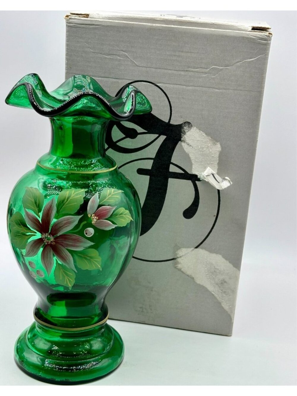 Vintage Sean K Fenton Art Glass Ruffle Vase-Hand Painted-Signed